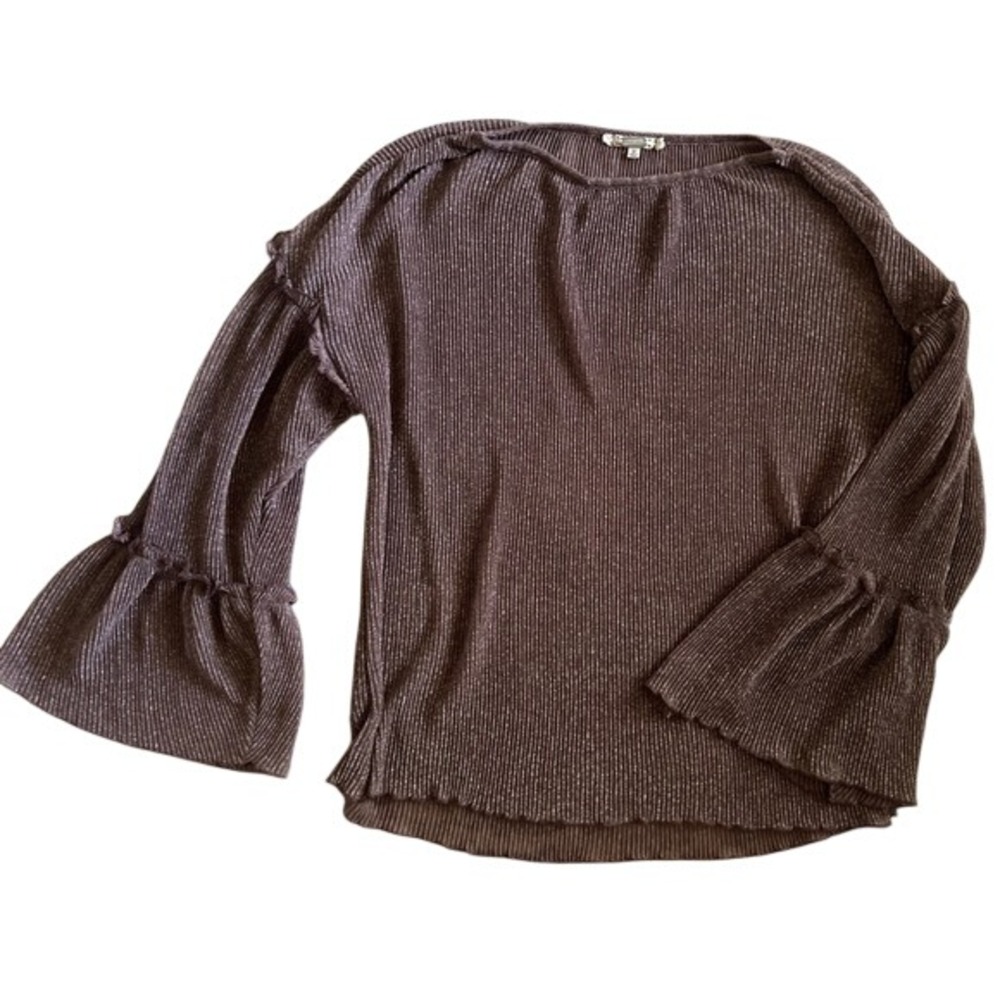 Gimmicks BKE Brown Metallic Plisse Bell Sleeve Top Lurex Ribbed Knit GMKR1811S S